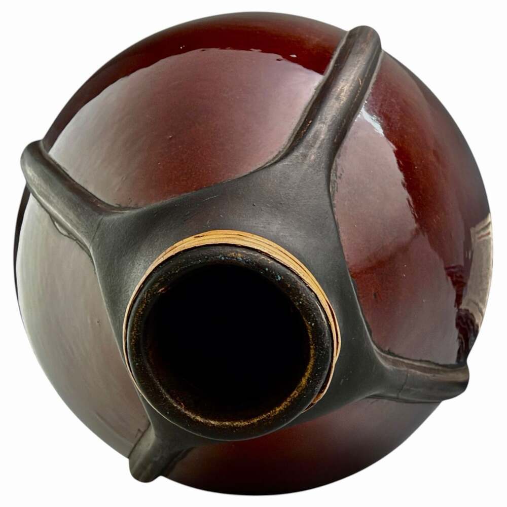 Decorative Burgundy Vase Black Ribbed Ceramic Unique Rattan Cane Sculptural 15” - Picture 4 of 6